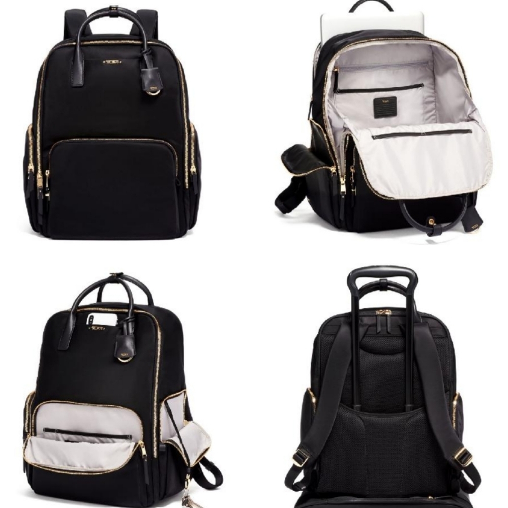 NWOT Tumi Voyageur Uma Backpack in Black Nylon and Gold Hardware, 25L
